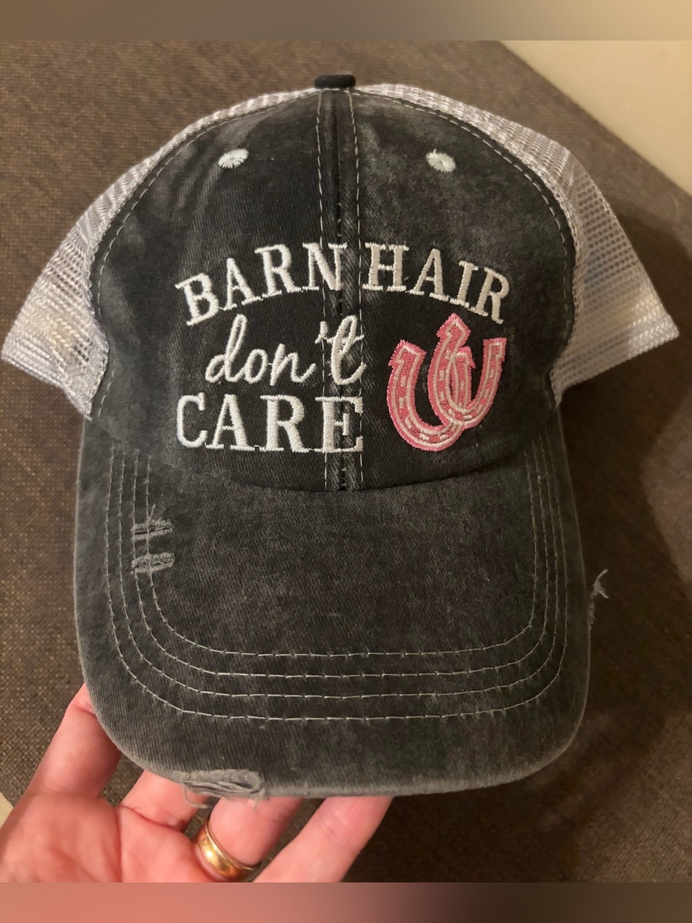 Barn Hair Don't Care Black & White Trucker Cap with Pink Horseshoe